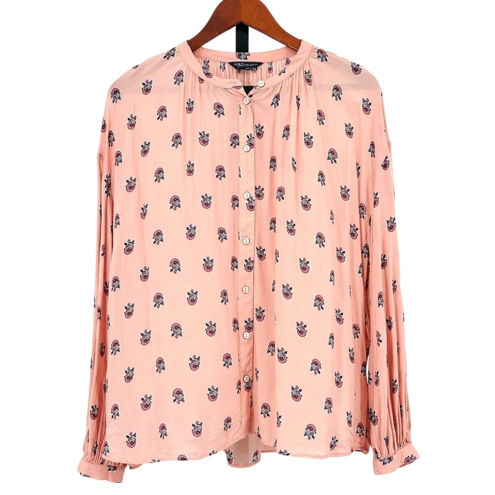MARKS & SPENCER Button Front Peasant Top Pink Coral Mix Banded Collar US Size 10